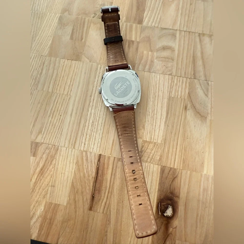 Lacoste mens blue dial silver tone brown leather watch NEW BATTERY